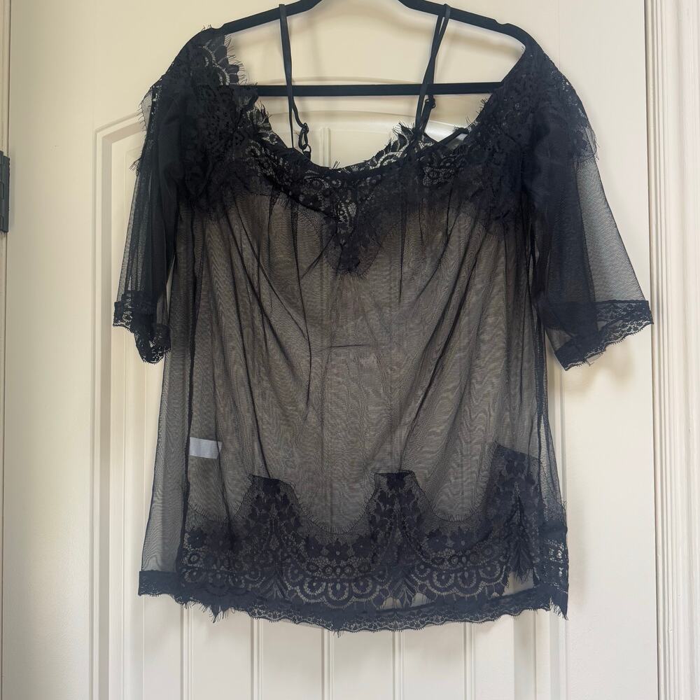 Black Lacey Mesh See-Through 3/4 Sleeve Cold-Shoulder Goth Grunge Emo Lg Blouse